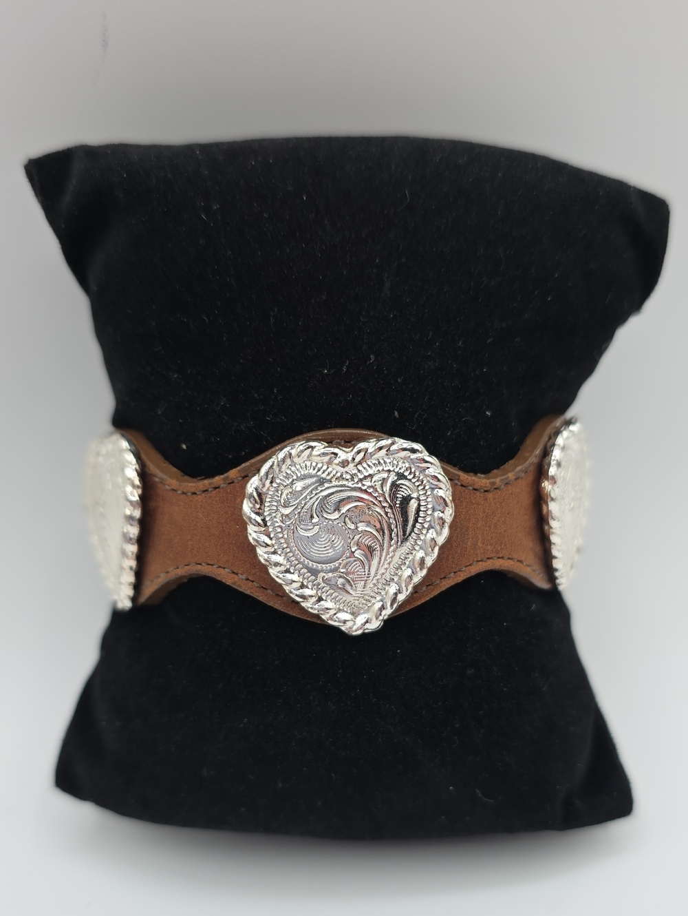 Brown Leather Bracelet with Silver Heart Conchos